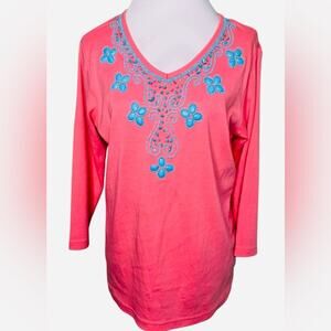 Quacker Factory Embellished Blue Stones V Neck Long Sleeve Tunic Medium